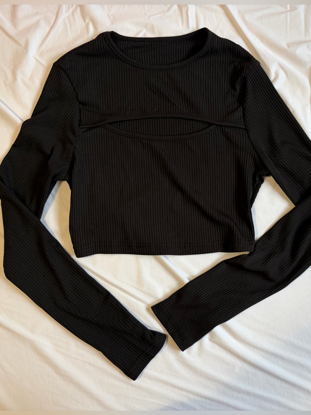 Black Ribbed Long-Sleeve Boob Cut Top